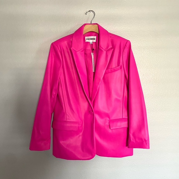 STEVE MADDEN Hit Magenta Pink FUSHIA Faux Leather One Button Blazer - Picture 1 of 6